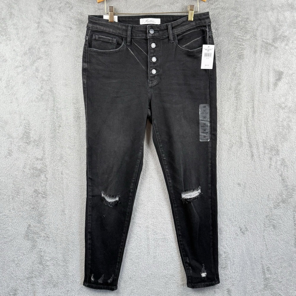 KanCan Black Distressed Button-Fly Cropped Ankle Jeans